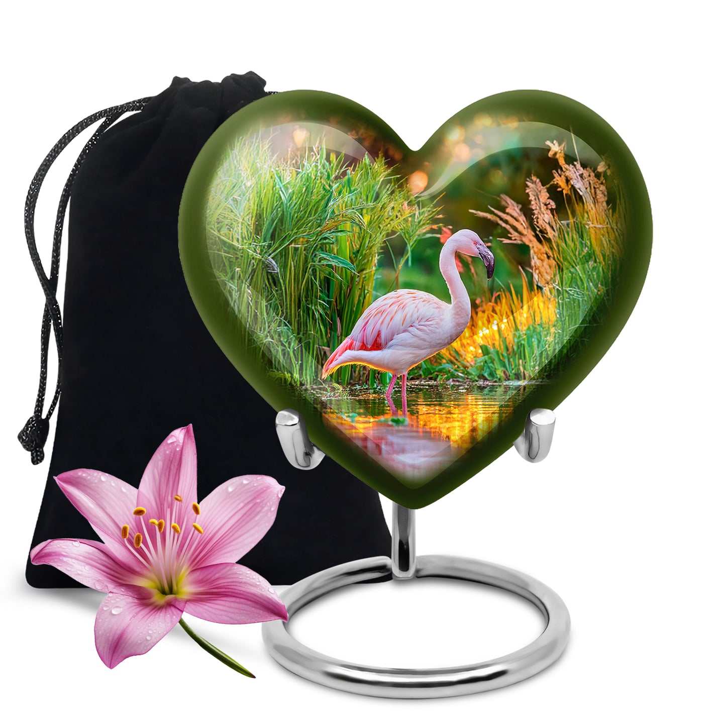Gilded Gold Flamingo Cremation Urn detail view - heart-shaped flamingo design symbolizing eternal love - full-size 10 inch 200 cubic inch adult cremation urn