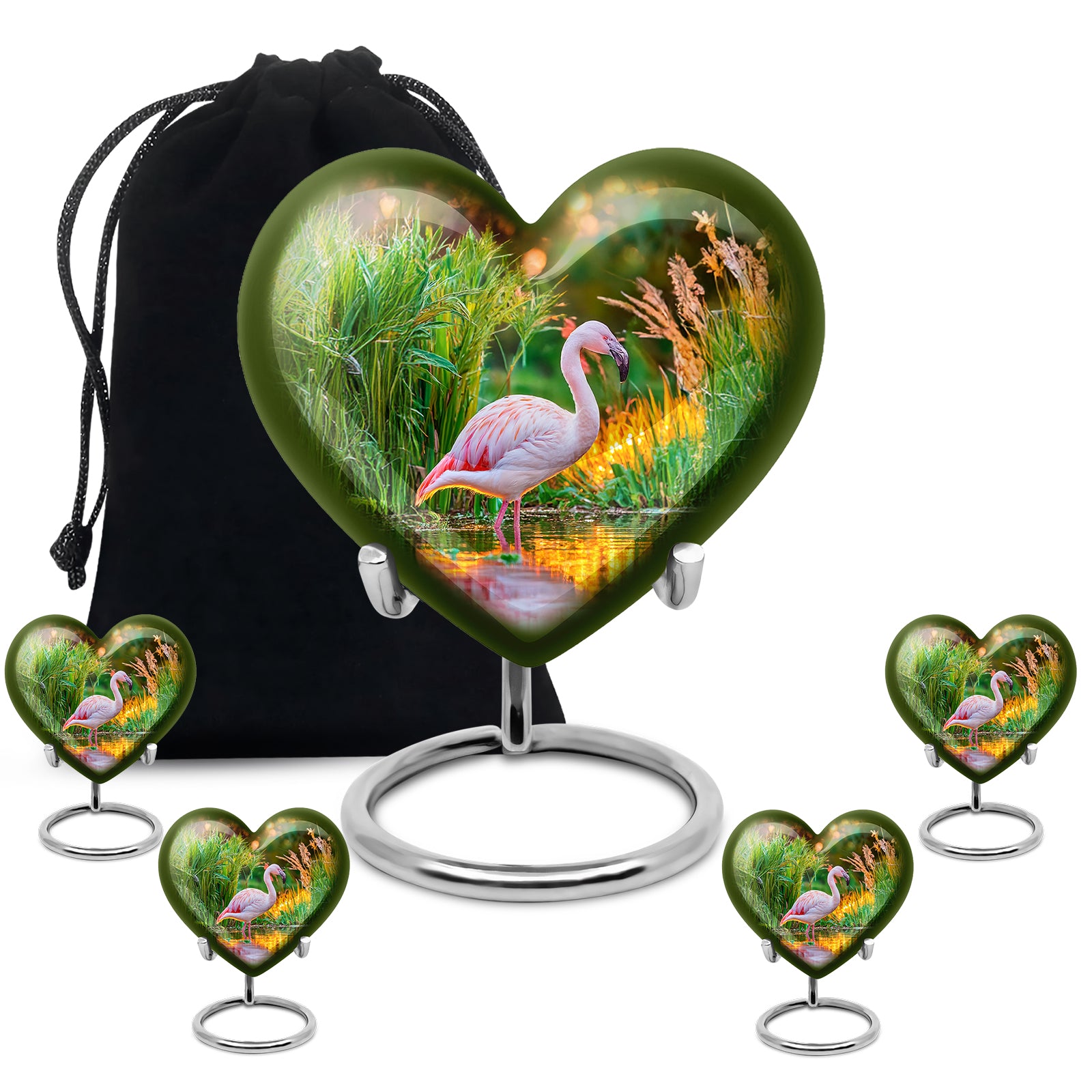 Harvest Gold Flamingo Cremation Urn close-up of engraving and surface detail - compassionate heart-flamingo combination with gentle curves - memorial set with one large and four small urns