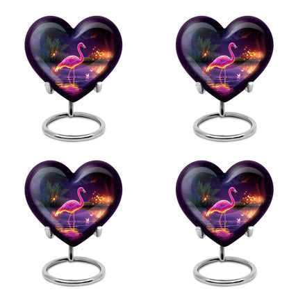 Violet Purple Flamingo Cremation Urn angled view of lid and engraved motif - romantic heart urn with flamingo motif on aluminum - 10 inch aluminum urn for cremated remains