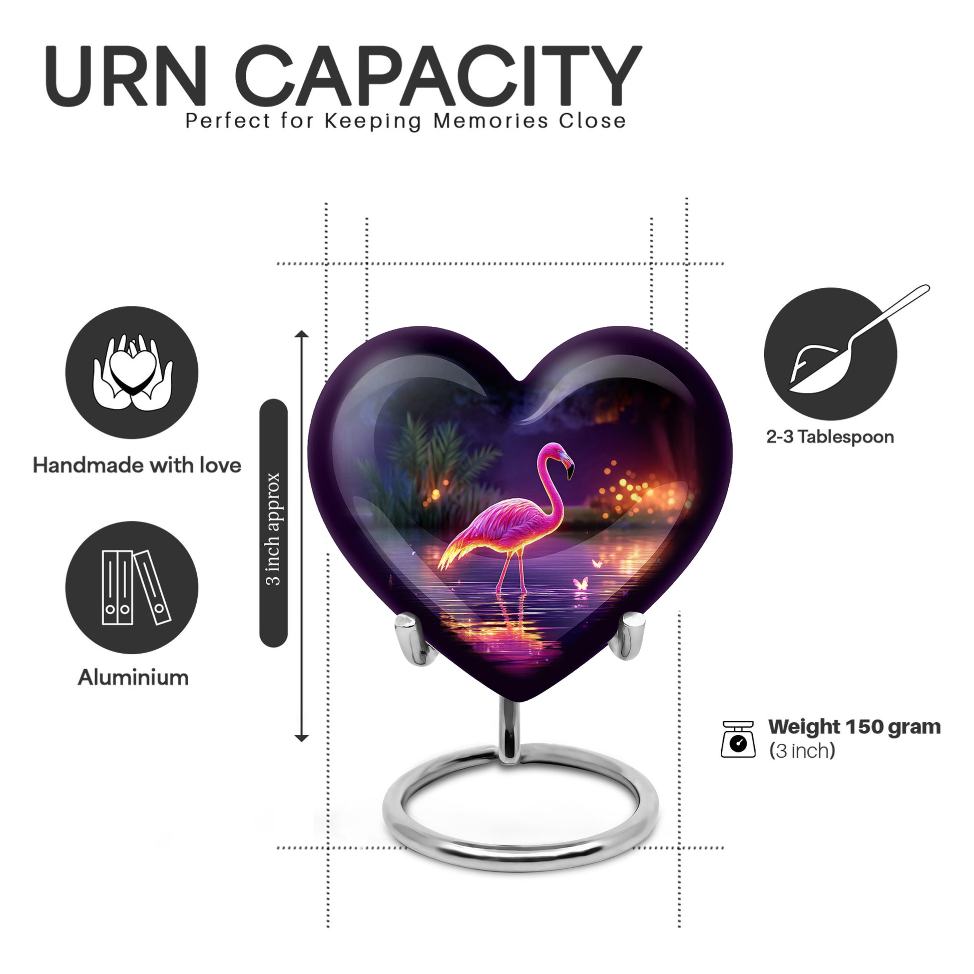 Amethyst Purple Flamingo Cremation Urn front view showing detailed design - heart-shaped flamingo design symbolizing eternal love - mini keepsake memorial for portion of cremation ashes