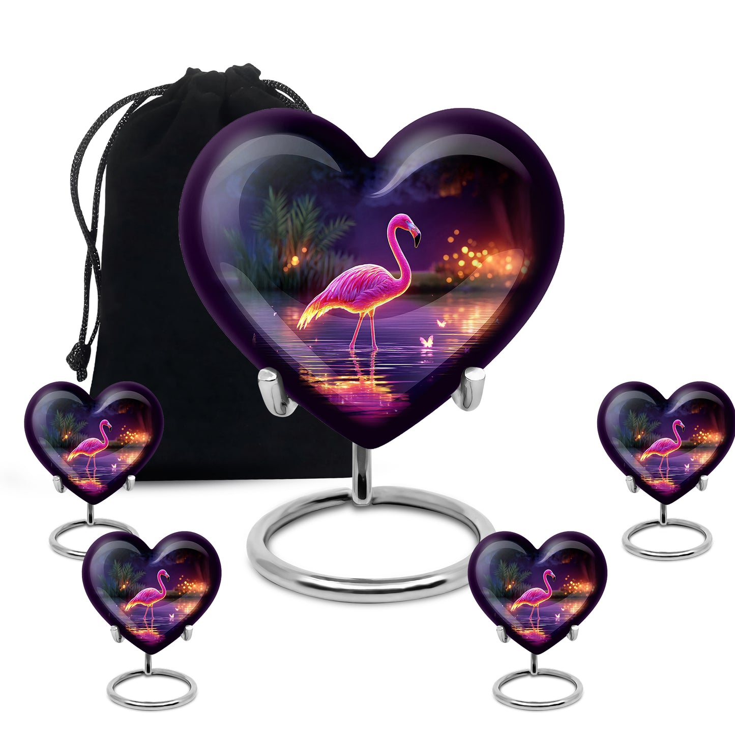 Plum Purple Flamingo Cremation Urn close-up of engraving and surface detail - loving heart memorial featuring flamingo pattern - memorial set with one large and four small urns