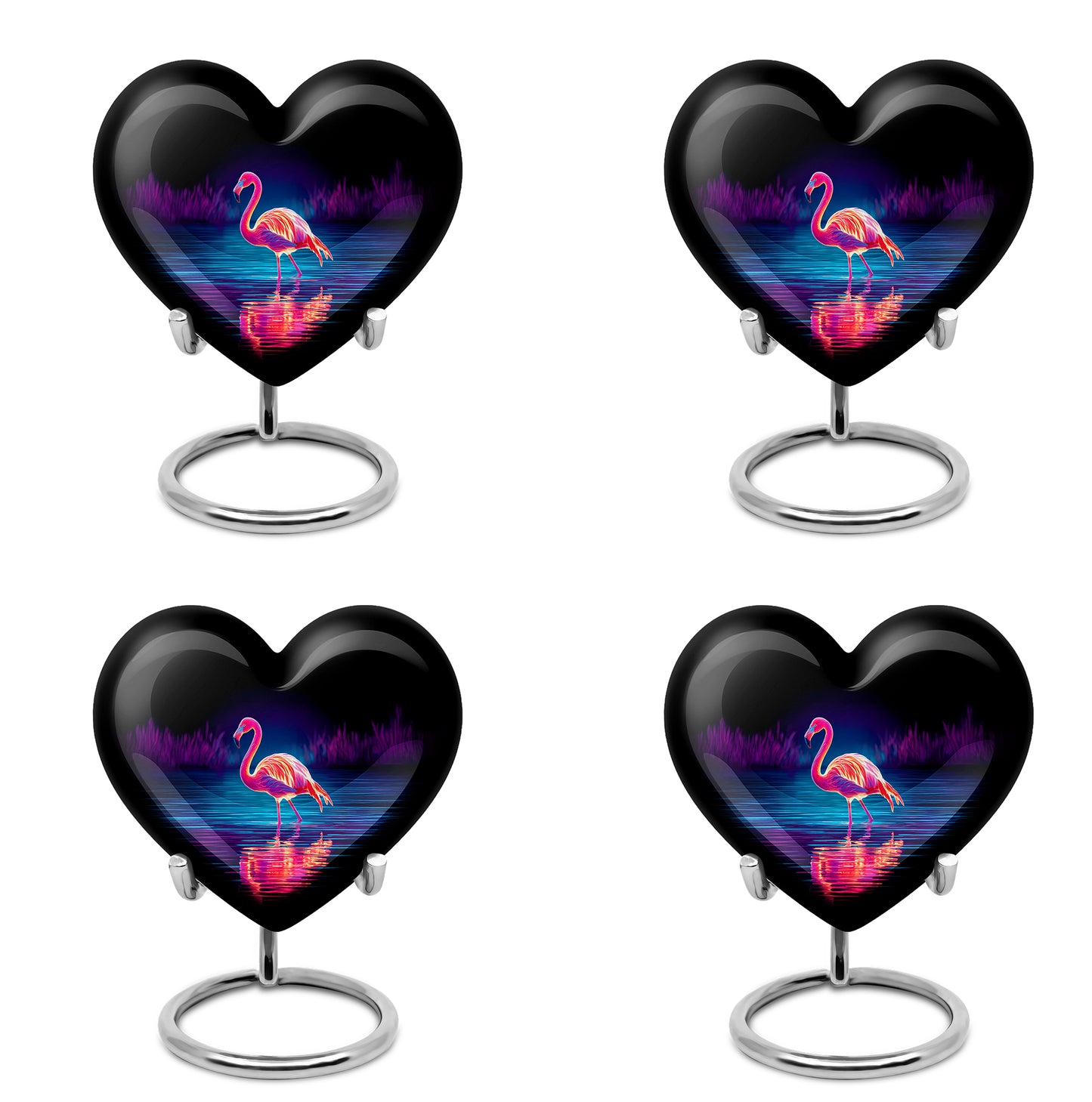 Glossy Black Flamingo Cremation Urn angled view of lid and engraved motif - heart-shaped flamingo design symbolizing eternal love - 10 inch aluminum urn for cremated remains