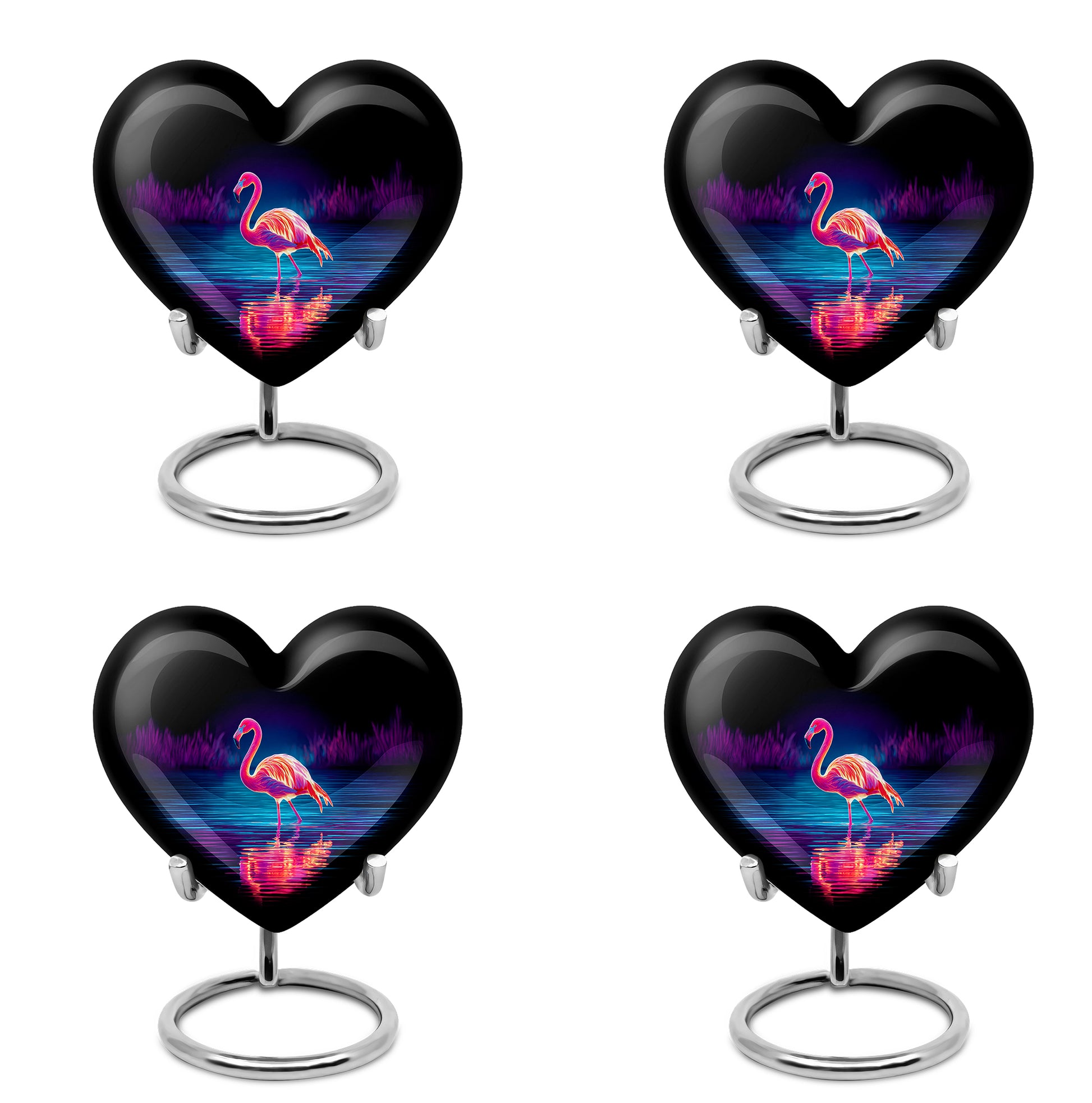 Glossy Black Flamingo Cremation Urn angled view of lid and engraved motif - heart-shaped flamingo design symbolizing eternal love - 10 inch aluminum urn for cremated remains