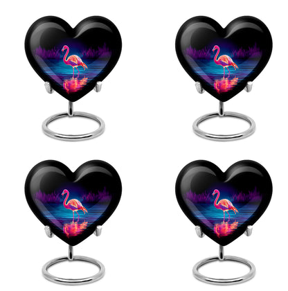 Glossy Black Flamingo Cremation Urn angled view of lid and engraved motif - heart-shaped flamingo design symbolizing eternal love - 10 inch aluminum urn for cremated remains