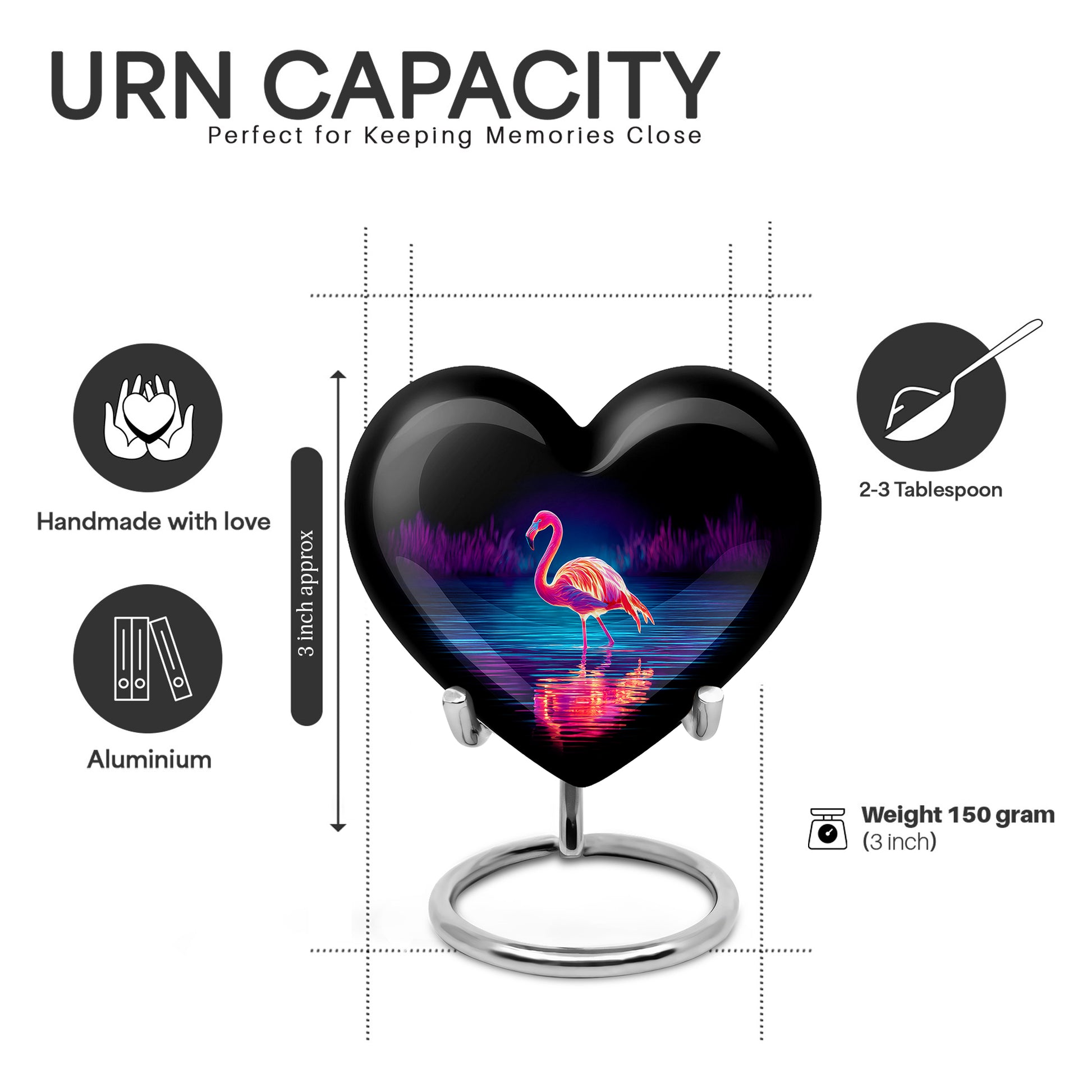 Glossy Black Flamingo Cremation Urn front view showing detailed design - heart-shaped flamingo design symbolizing eternal love - mini keepsake memorial for portion of cremation ashes