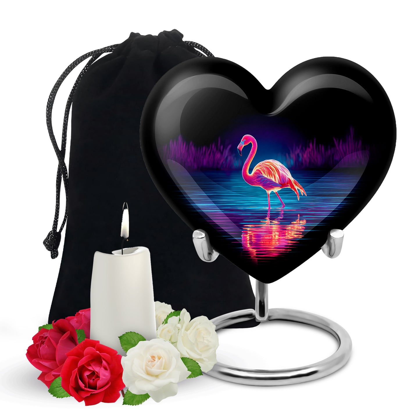 Onyx Black Flamingo Cremation Urn detail view - romantic heart urn with flamingo motif on aluminum - full-size 10 inch 200 cubic inch adult cremation urn