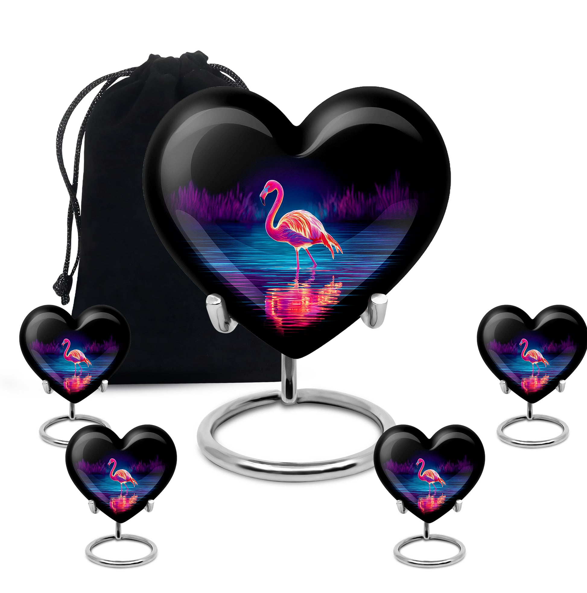 Obsidian Black Flamingo Cremation Urn close-up of engraving and surface detail - romantic heart urn with flamingo motif on aluminum - memorial set with one large and four small urns
