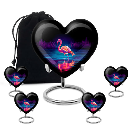 Obsidian Black Flamingo Cremation Urn close-up of engraving and surface detail - romantic heart urn with flamingo motif on aluminum - memorial set with one large and four small urns