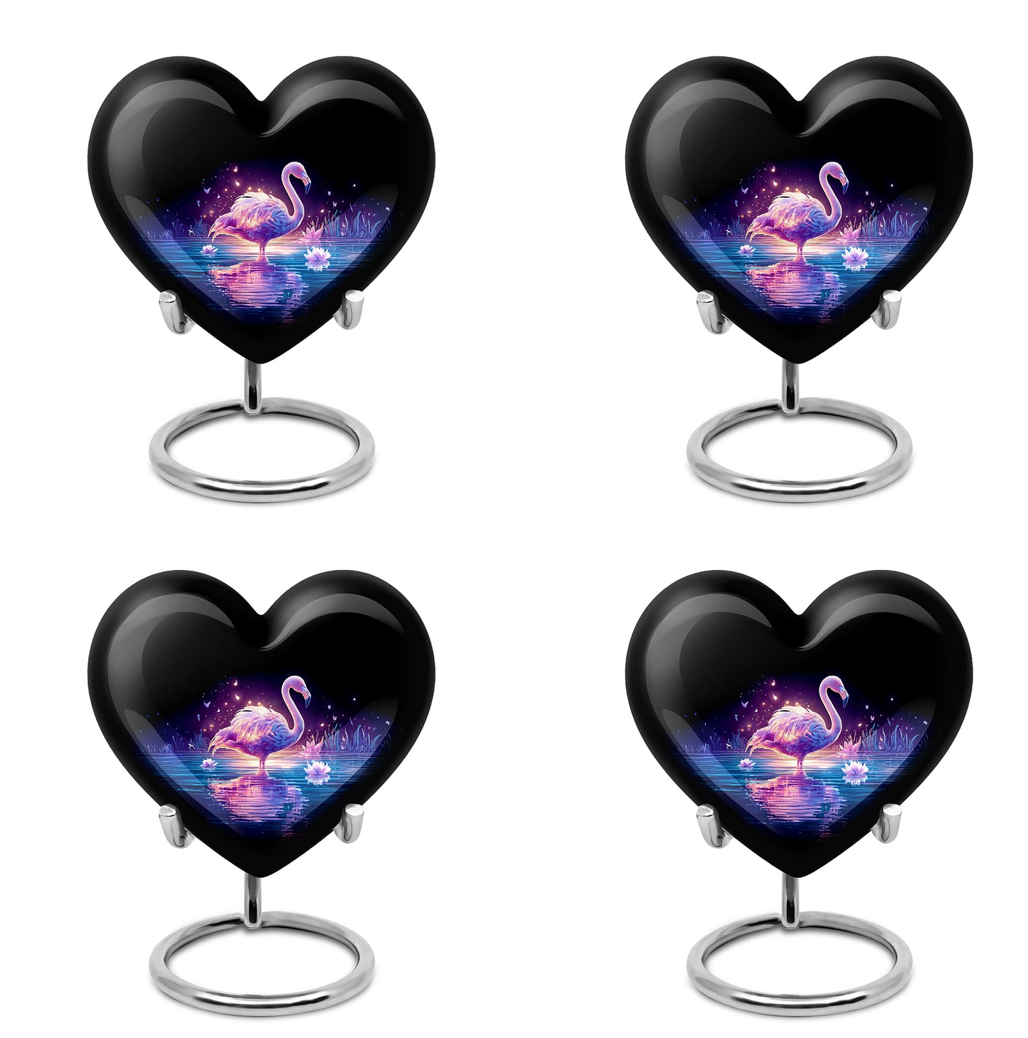 Dark Black Flamingo Cremation Urn angled view of lid and engraved motif - romantic heart urn with flamingo motif on aluminum - 10 inch aluminum urn for cremated remains