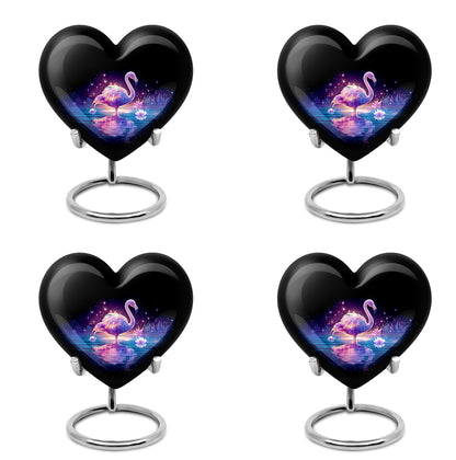 Dark Black Flamingo Cremation Urn angled view of lid and engraved motif - romantic heart urn with flamingo motif on aluminum - 10 inch aluminum urn for cremated remains