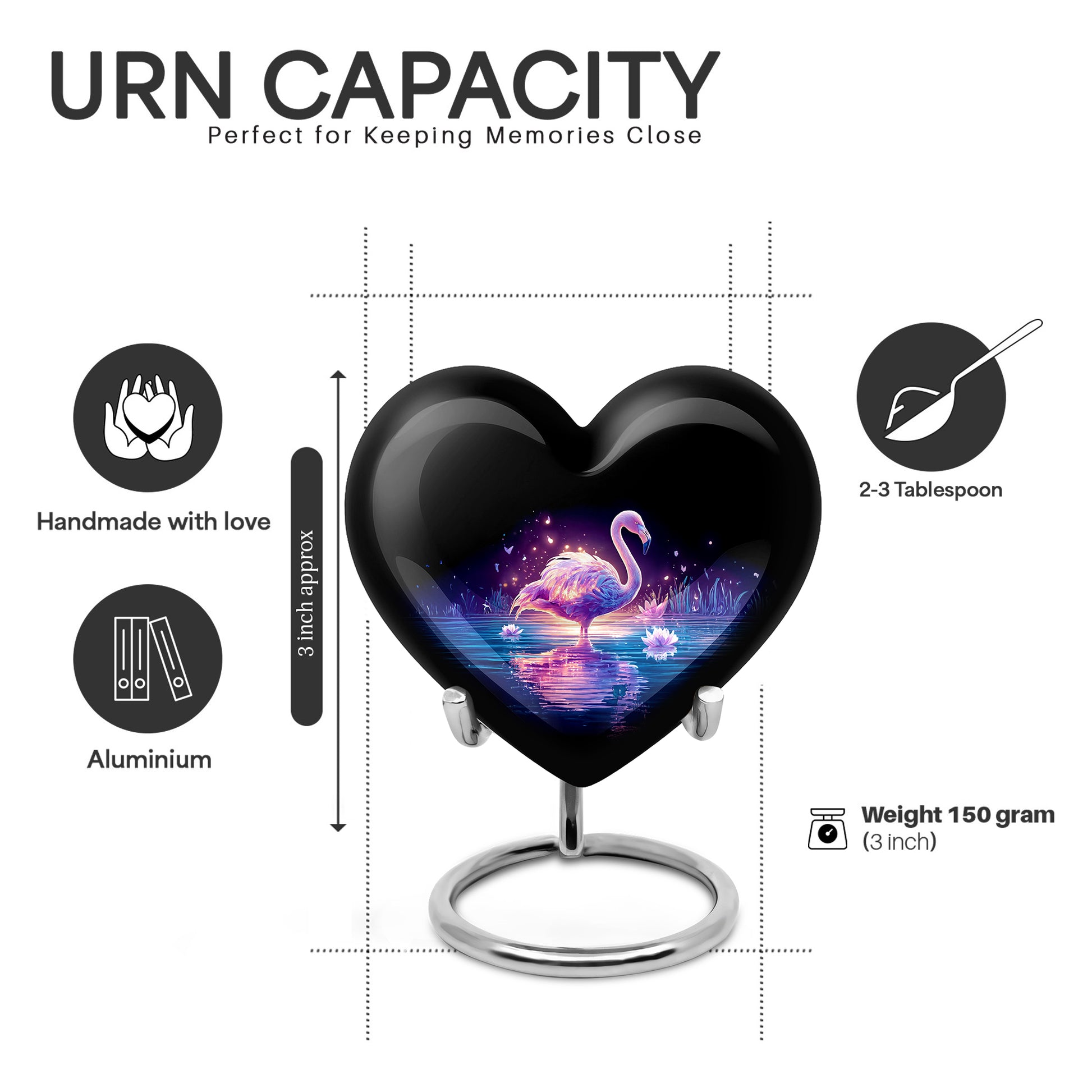 Obsidian Black Flamingo Cremation Urn front view showing detailed design - compassionate heart-flamingo combination with gentle curves - mini keepsake memorial for portion of cremation ashes