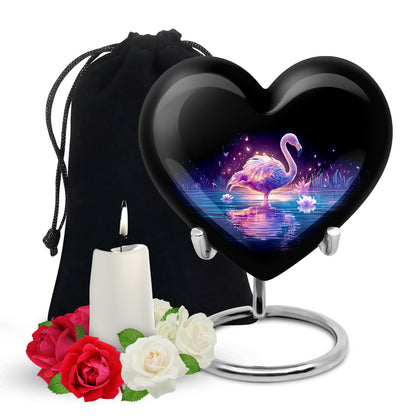 Rich Black Flamingo Cremation Urn detail view - heart-shaped flamingo design symbolizing eternal love - full-size 10 inch 200 cubic inch adult cremation urn