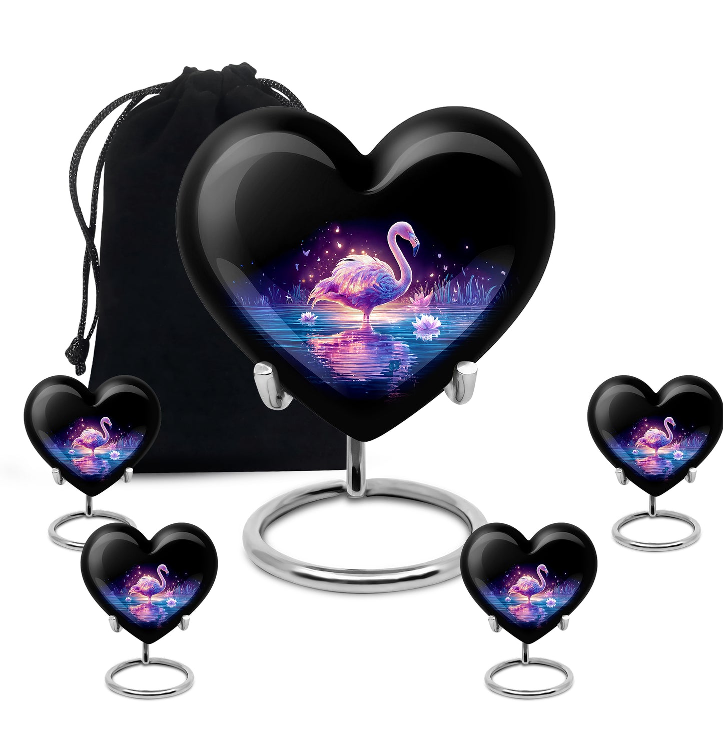 Glossy Black Flamingo Cremation Urn close-up of engraving and surface detail - heart-shaped flamingo design symbolizing eternal love - memorial set with one large and four small urns