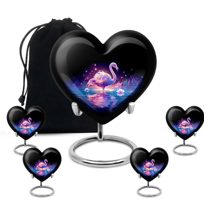 Glossy Black Flamingo Cremation Urn close-up of engraving and surface detail - heart-shaped flamingo design symbolizing eternal love - memorial set with one large and four small urns