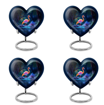 Royal Blue Flamingo Cremation Urn angled view of lid and engraved motif - romantic heart urn with flamingo motif on aluminum - 10 inch aluminum urn for cremated remains