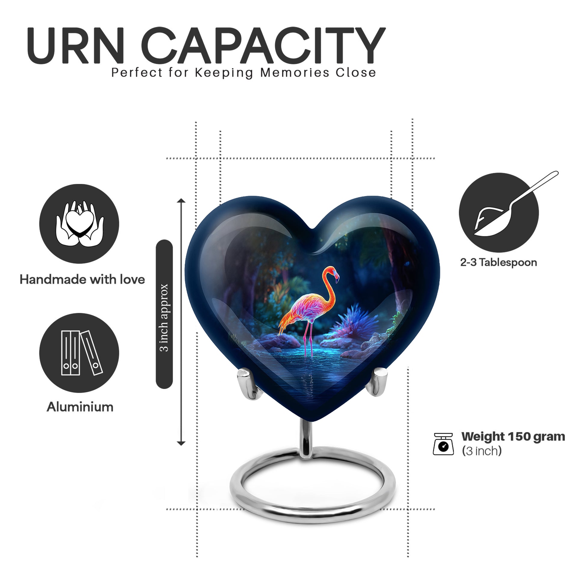 Cornflower Blue Flamingo Cremation Urn front view showing detailed design - romantic heart urn with flamingo motif on aluminum - mini keepsake memorial for portion of cremation ashes