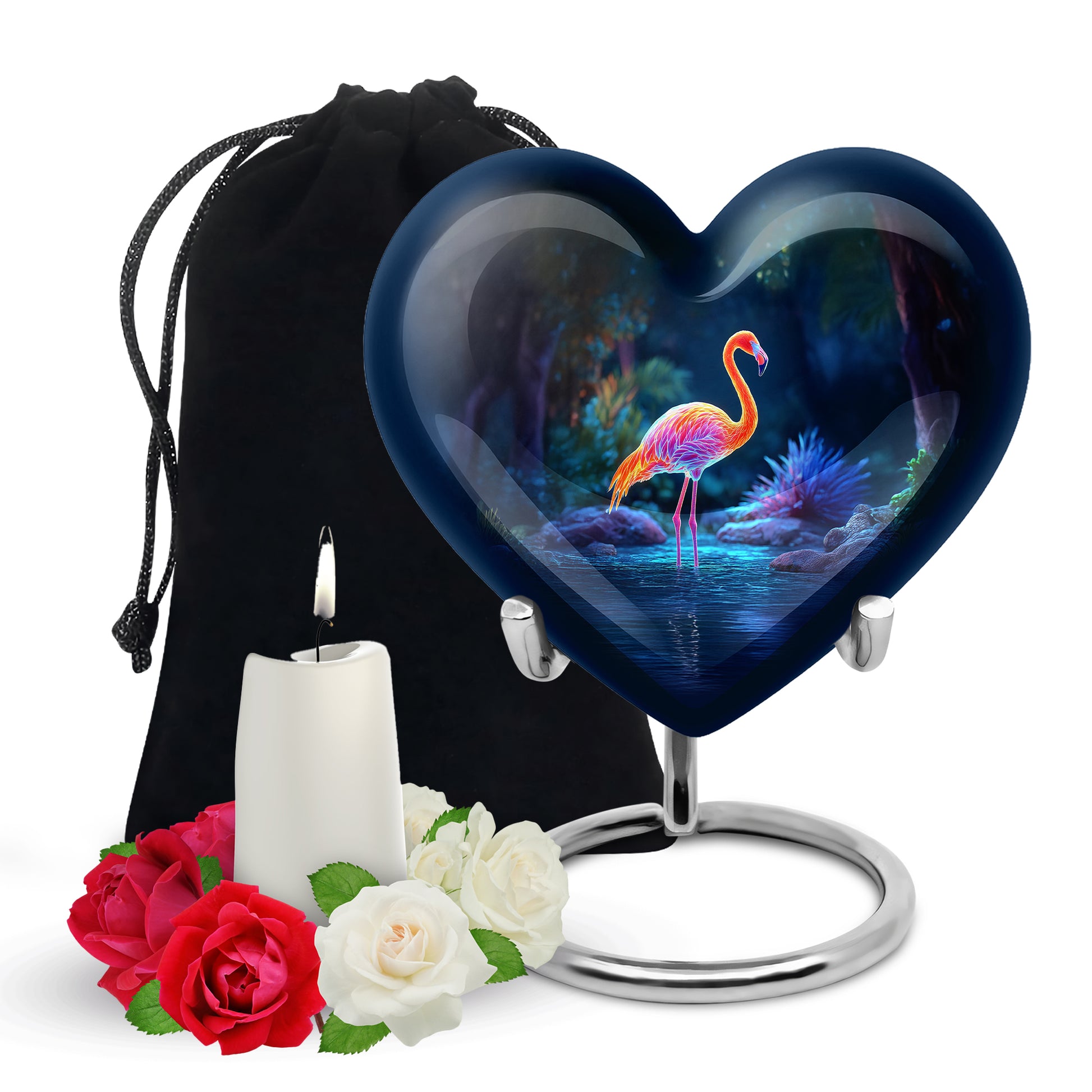 Pastel Blue Flamingo Cremation Urn detail view - heart-shaped flamingo design symbolizing eternal love - full-size 10 inch 200 cubic inch adult cremation urn
