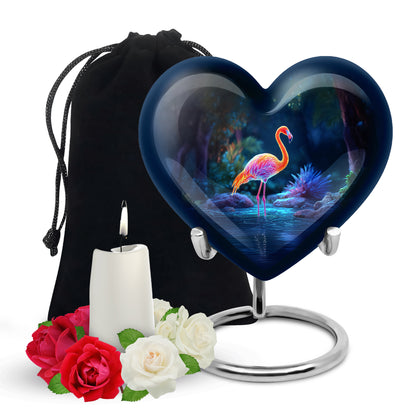 Pastel Blue Flamingo Cremation Urn detail view - heart-shaped flamingo design symbolizing eternal love - full-size 10 inch 200 cubic inch adult cremation urn