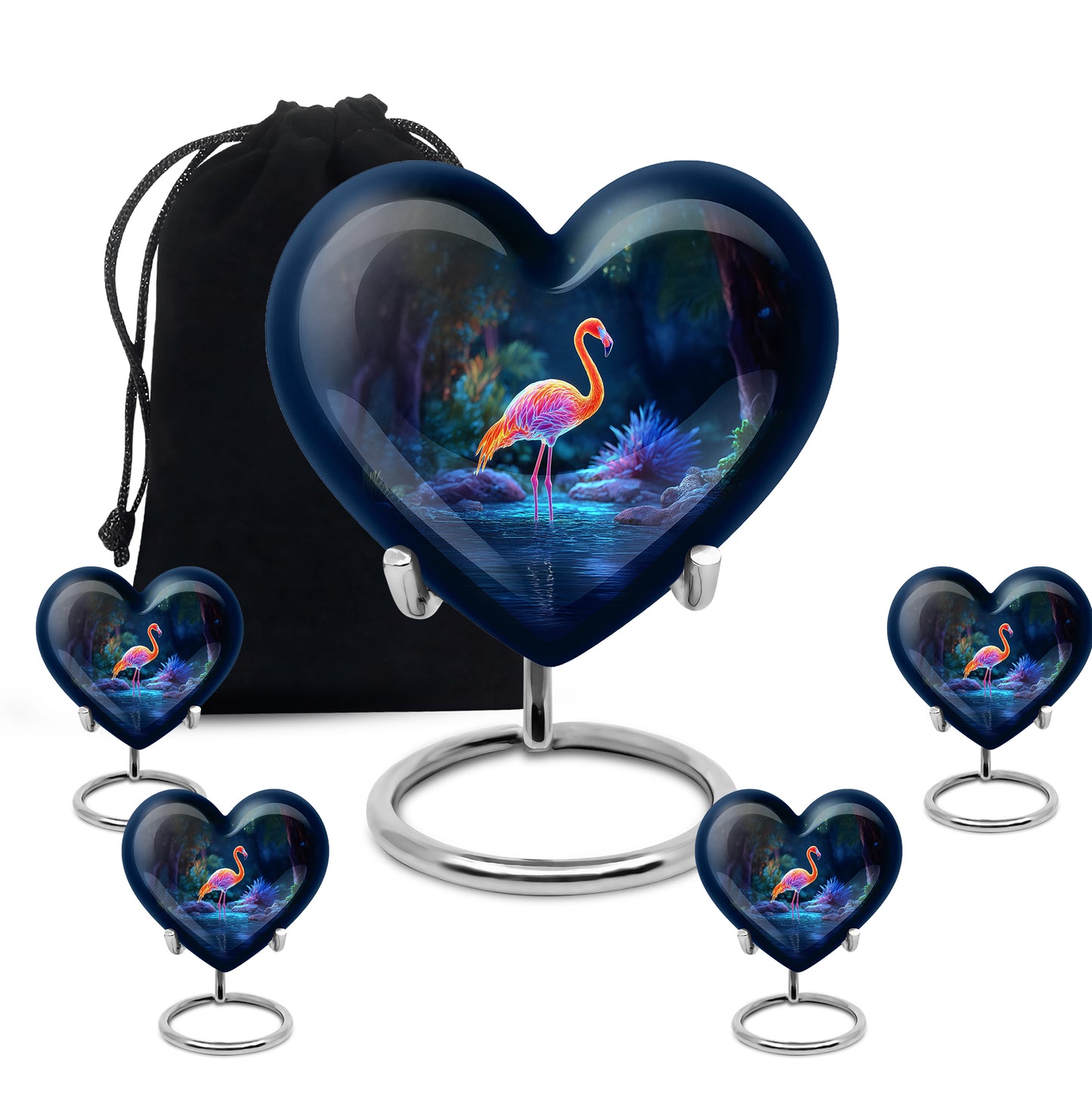 Vivid Blue Flamingo Cremation Urn close-up of engraving and surface detail - romantic heart urn with flamingo motif on aluminum - memorial set with one large and four small urns