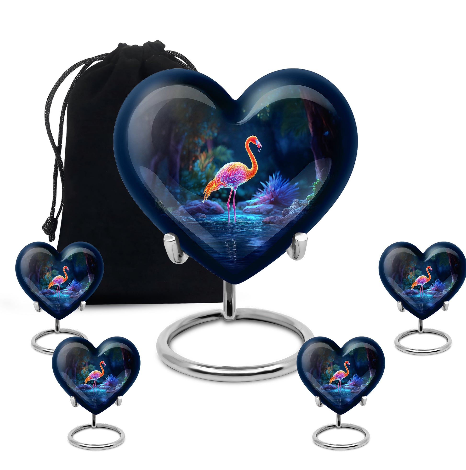 Vivid Blue Flamingo Cremation Urn close-up of engraving and surface detail - romantic heart urn with flamingo motif on aluminum - memorial set with one large and four small urns