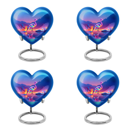 Bright Blue Flamingo Cremation Urn angled view of lid and engraved motif - compassionate heart-flamingo combination with gentle curves - 10 inch aluminum urn for cremated remains
