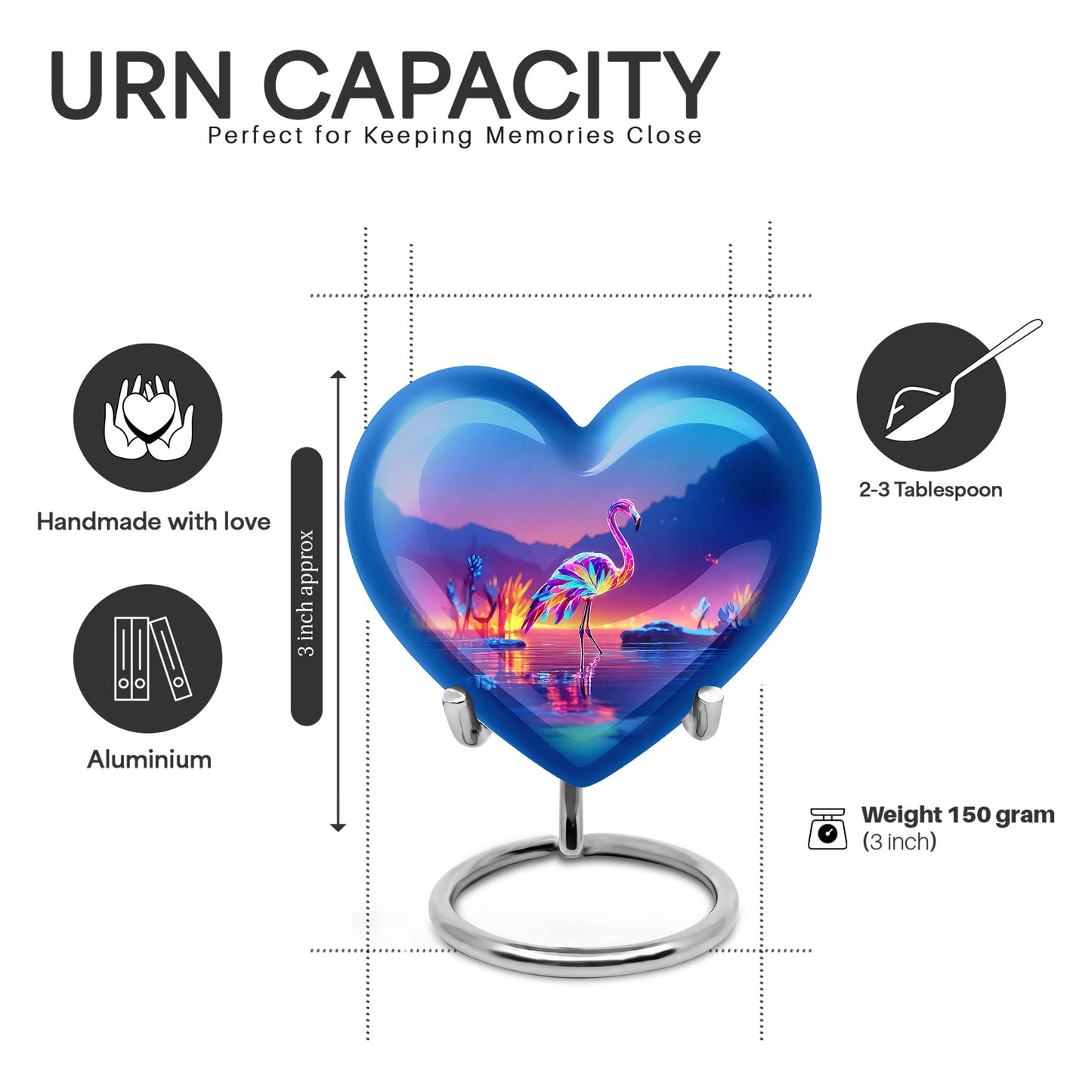 Celestial Blue Flamingo Cremation Urn front view showing detailed design - heart-shaped flamingo design symbolizing eternal love - mini keepsake memorial for portion of cremation ashes