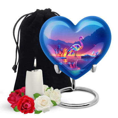 Calming Blue Flamingo Cremation Urn detail view - romantic heart urn with flamingo motif on aluminum - full-size 10 inch 200 cubic inch adult cremation urn