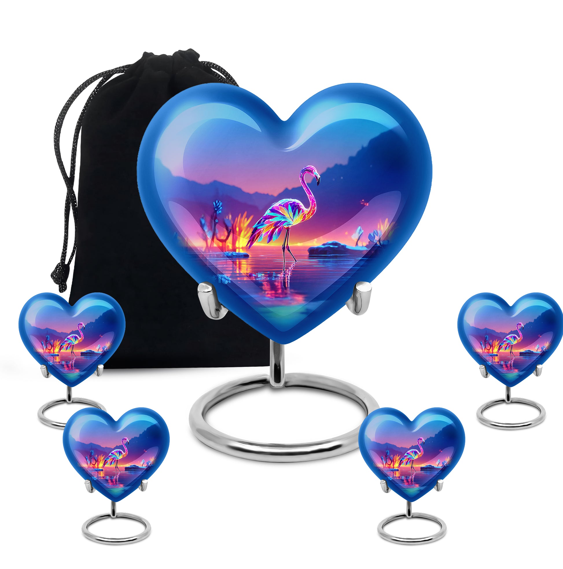Sky Blue Flamingo Cremation Urn close-up of engraving and surface detail - heart-shaped flamingo design symbolizing eternal love - memorial set with one large and four small urns
