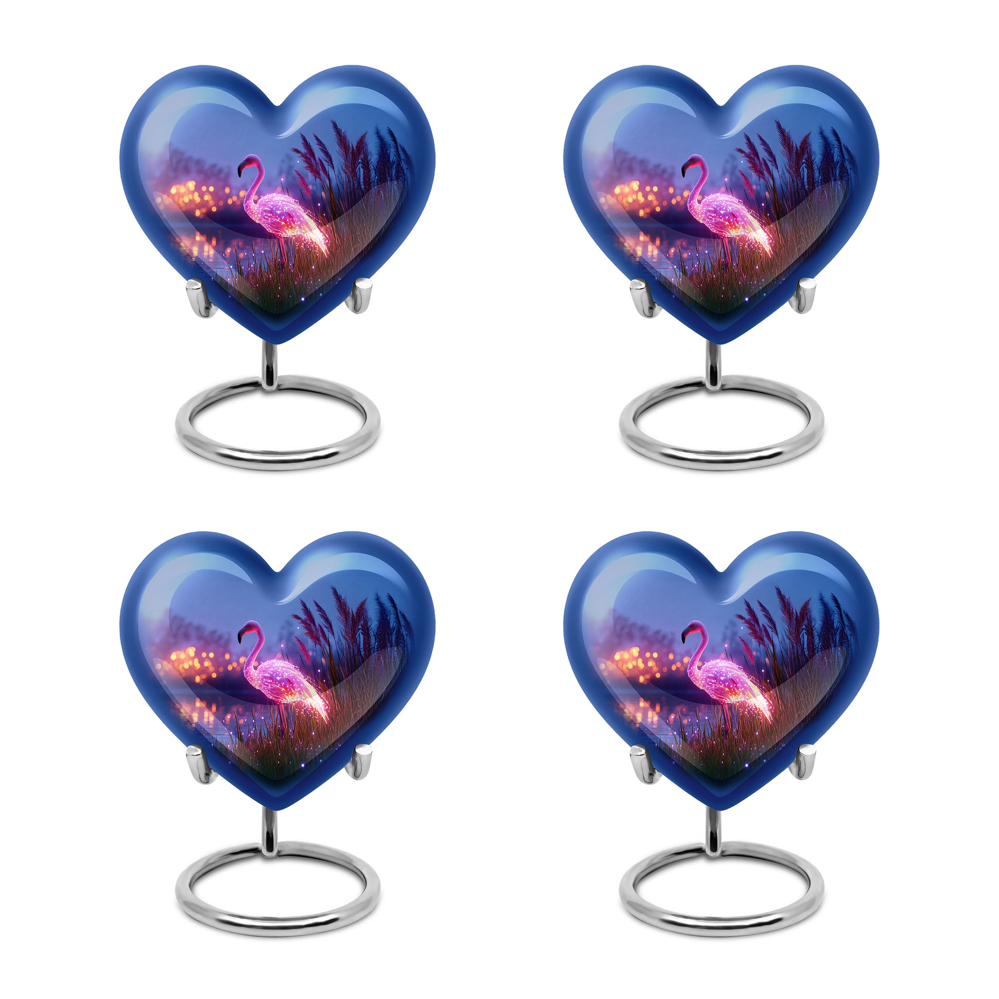 Twilight Blue Flamingo Cremation Urn angled view of lid and engraved motif - compassionate heart-flamingo combination with gentle curves - 10 inch aluminum urn for cremated remains
