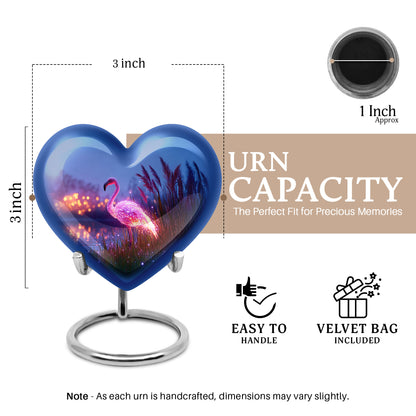 Sapphire Blue Flamingo Cremation Urn front view showing detailed design - romantic heart urn with flamingo motif on aluminum - mini keepsake memorial for portion of cremation ashes