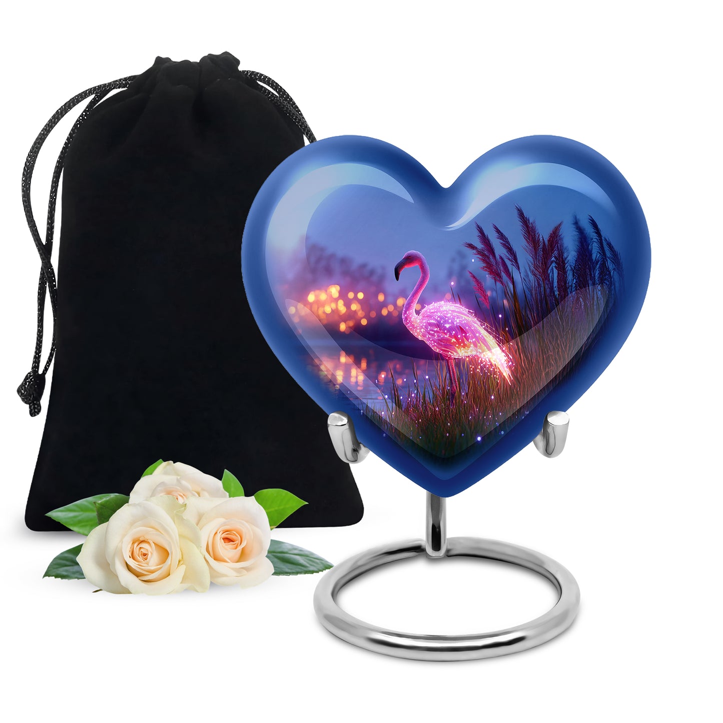 Cornflower Blue Flamingo Cremation Urn detail view - romantic heart urn with flamingo motif on aluminum - full-size 10 inch 200 cubic inch adult cremation urn