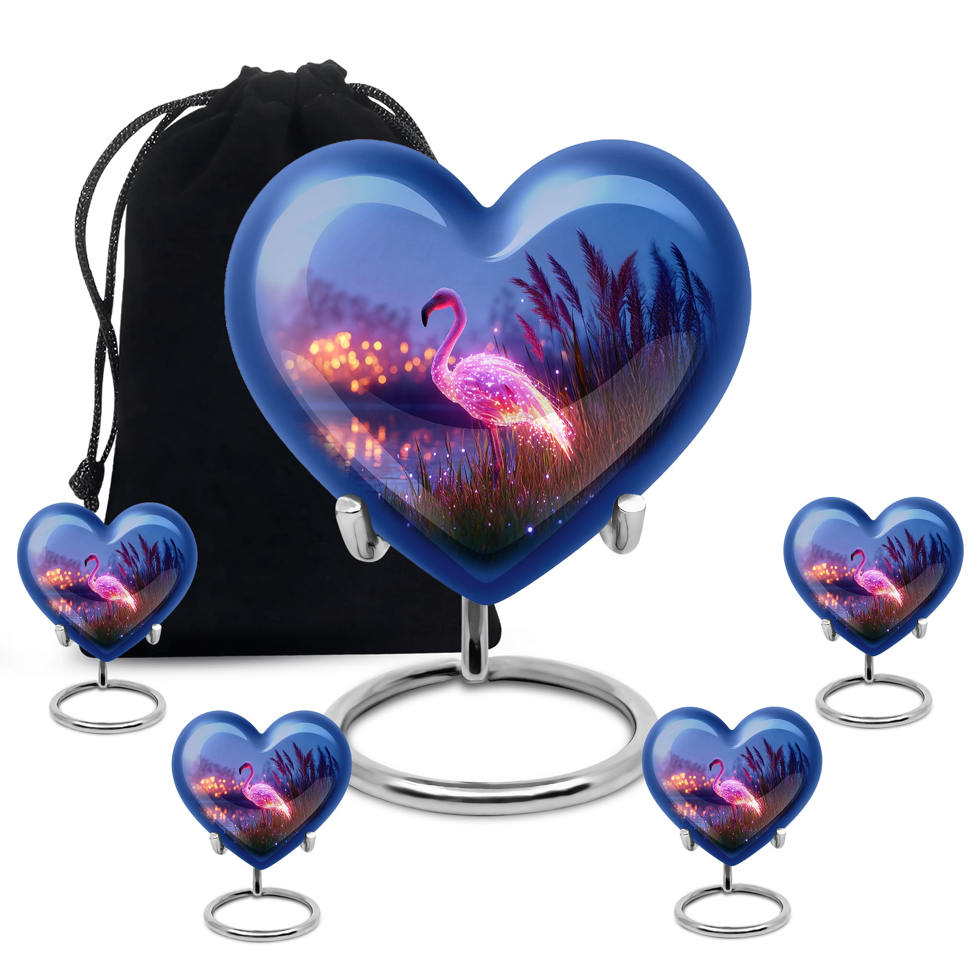 Azure Flamingo Cremation Urn close-up of engraving and surface detail - heart-shaped flamingo design symbolizing eternal love - memorial set with one large and four small urns