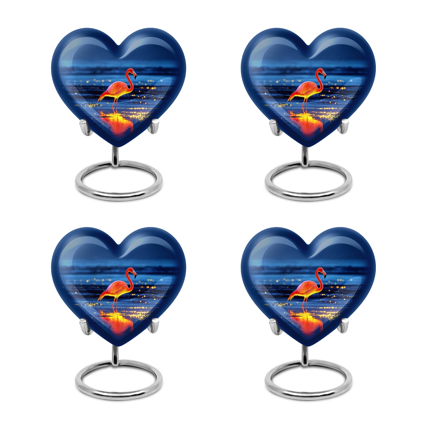 Misty Blue Flamingo Cremation Urn angled view of lid and engraved motif - loving heart memorial featuring flamingo pattern - 10 inch aluminum urn for cremated remains