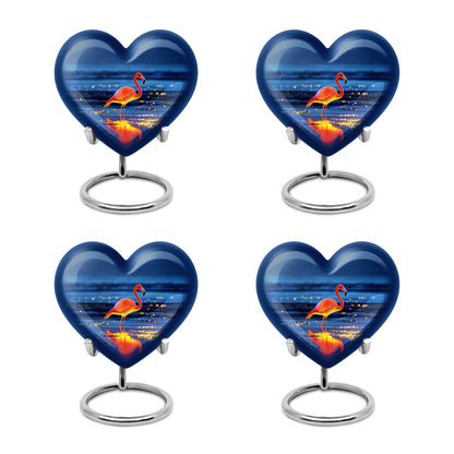 Misty Blue Flamingo Cremation Urn angled view of lid and engraved motif - loving heart memorial featuring flamingo pattern - 10 inch aluminum urn for cremated remains