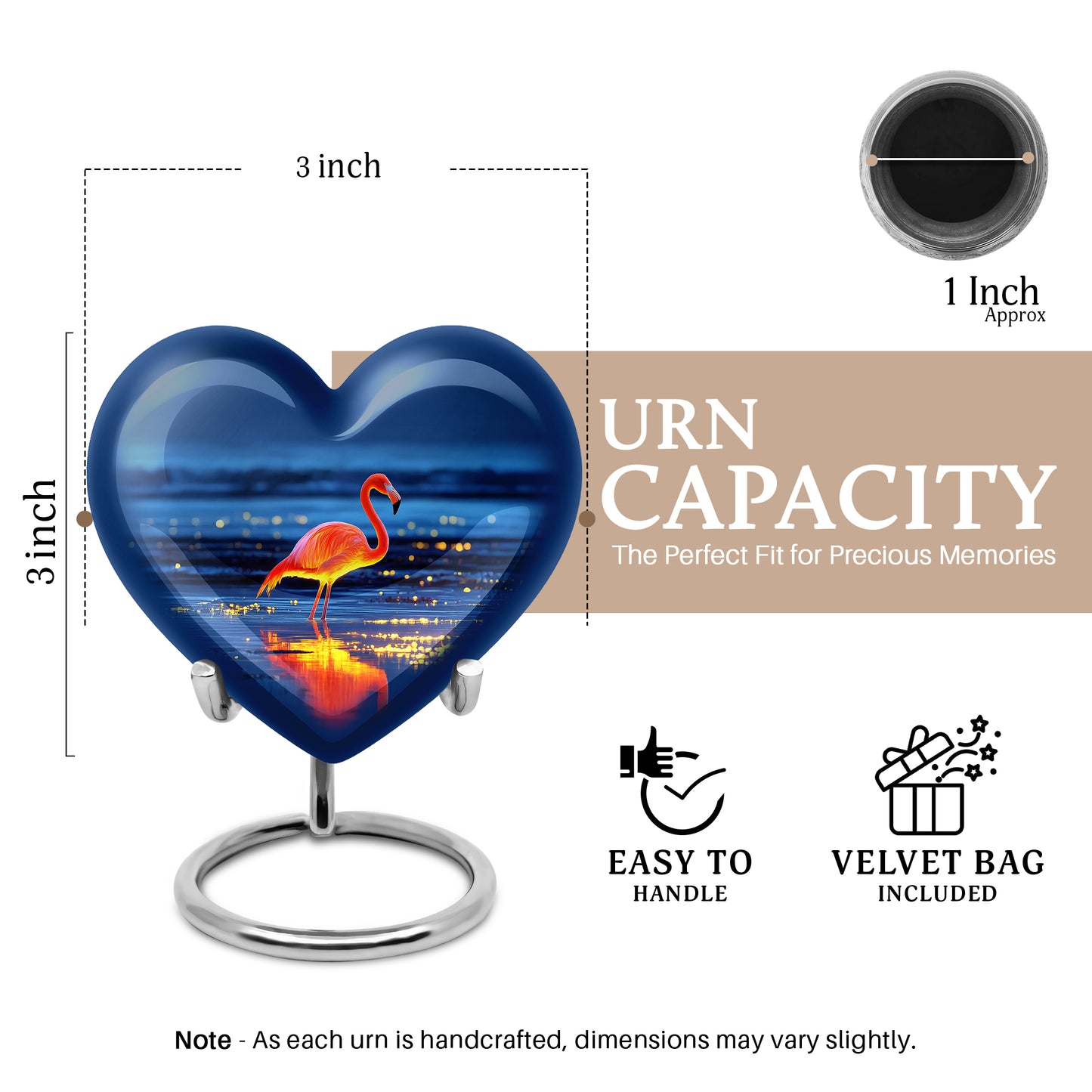 Cornflower Blue Flamingo Cremation Urn front view showing detailed design - romantic heart urn with flamingo motif on aluminum - mini keepsake memorial for portion of cremation ashes