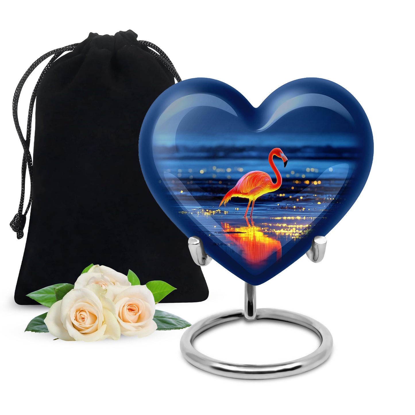 Twilight Blue Flamingo Cremation Urn detail view - romantic heart urn with flamingo motif on aluminum - full-size 10 inch 200 cubic inch adult cremation urn
