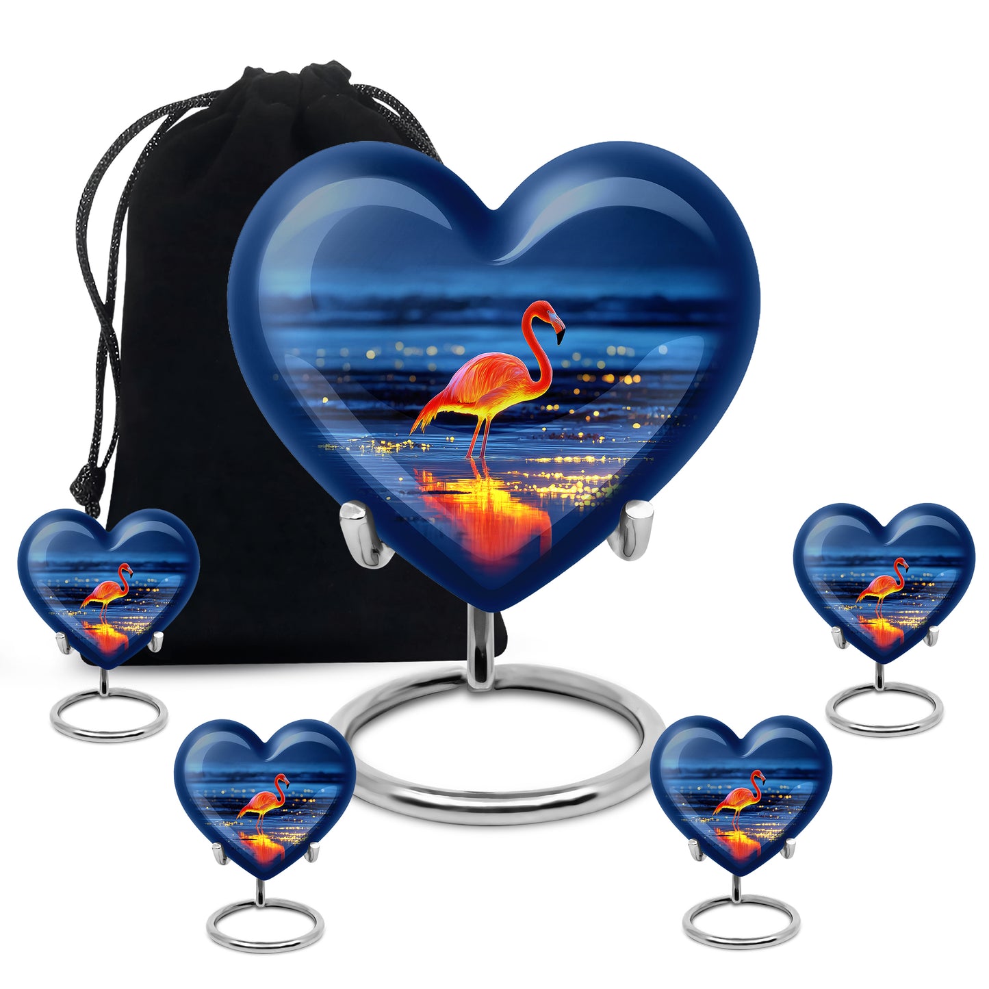Steel Blue Flamingo Cremation Urn close-up of engraving and surface detail - romantic heart urn with flamingo motif on aluminum - memorial set with one large and four small urns