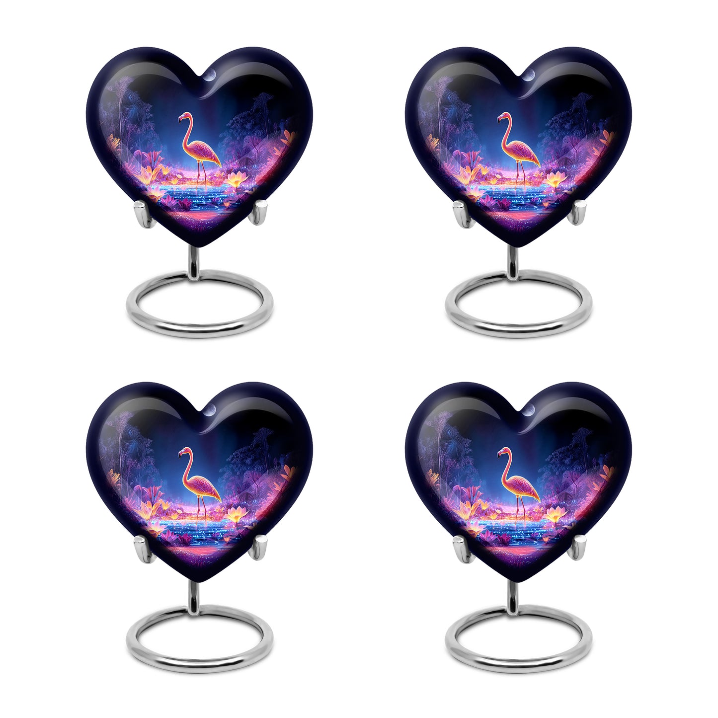 Calming Blue Flamingo Cremation Urn angled view of lid and engraved motif - romantic heart urn with flamingo motif on aluminum - 10 inch aluminum urn for cremated remains
