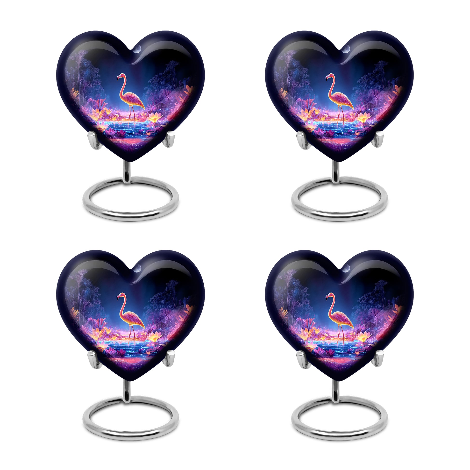 Calming Blue Flamingo Cremation Urn angled view of lid and engraved motif - romantic heart urn with flamingo motif on aluminum - 10 inch aluminum urn for cremated remains