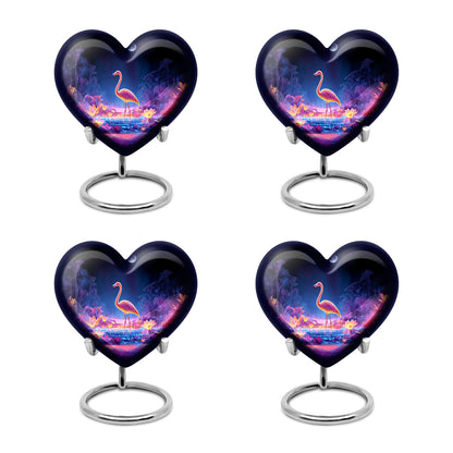 Calming Blue Flamingo Cremation Urn angled view of lid and engraved motif - romantic heart urn with flamingo motif on aluminum - 10 inch aluminum urn for cremated remains