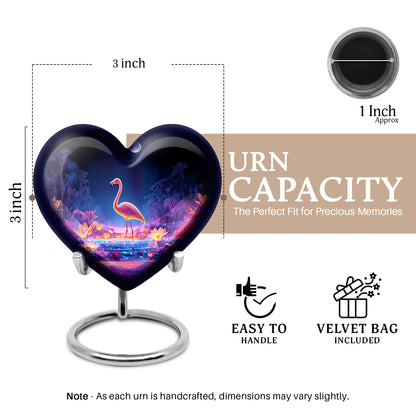 Celestial Blue Flamingo Cremation Urn front view showing detailed design - heart-shaped flamingo design symbolizing eternal love - mini keepsake memorial for portion of cremation ashes