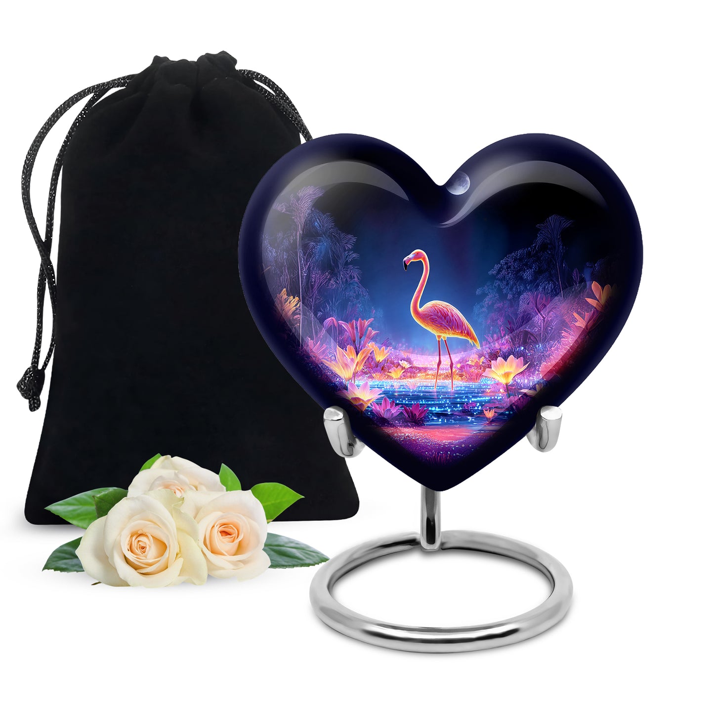 Steel Blue Flamingo Cremation Urn detail view - compassionate heart-flamingo combination with gentle curves - full-size 10 inch 200 cubic inch adult cremation urn