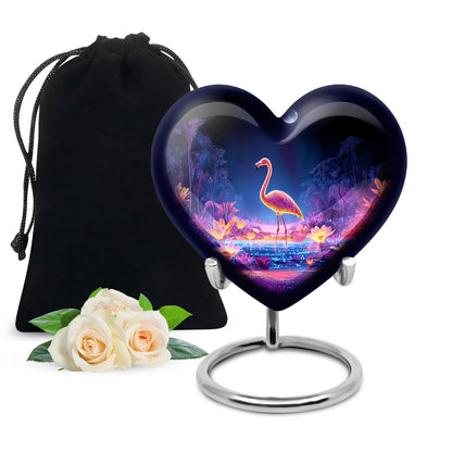 Steel Blue Flamingo Cremation Urn detail view - compassionate heart-flamingo combination with gentle curves - full-size 10 inch 200 cubic inch adult cremation urn