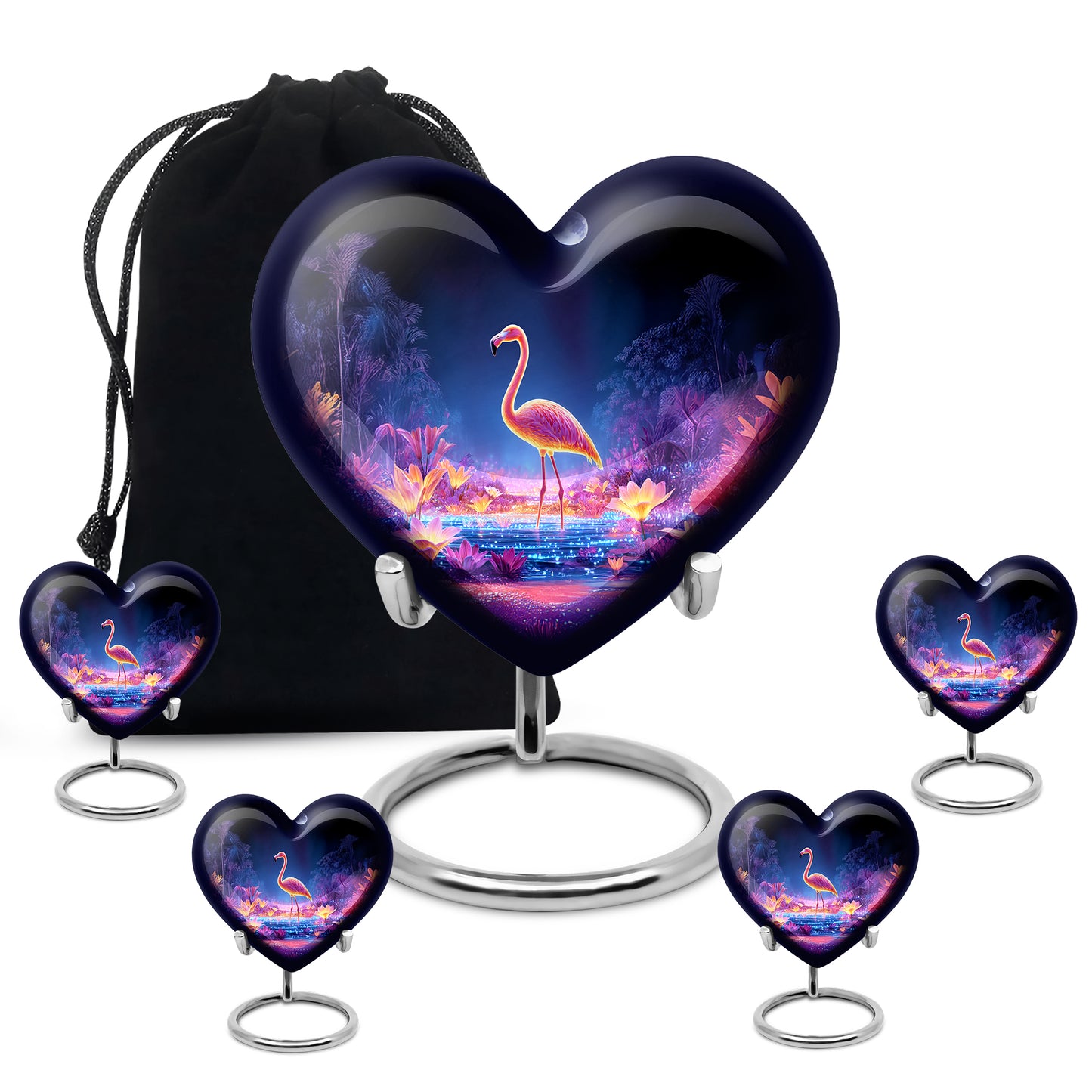 Twilight Blue Flamingo Cremation Urn close-up of engraving and surface detail - compassionate heart-flamingo combination with gentle curves - memorial set with one large and four small urns