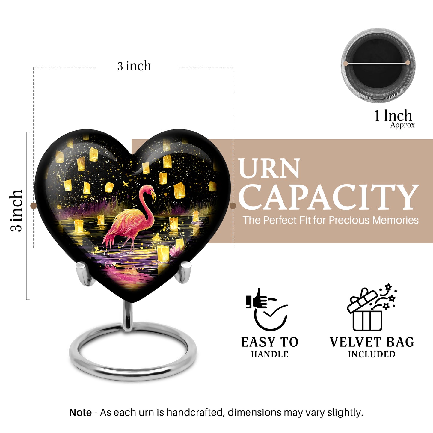 Dark Black Flamingo Cremation Urn front view showing detailed design - romantic heart urn with flamingo motif on aluminum - mini keepsake memorial for portion of cremation ashes