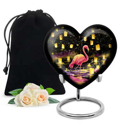 Midnight Black Flamingo Cremation Urn detail view - romantic heart urn with flamingo motif on aluminum - full-size 10 inch 200 cubic inch adult cremation urn