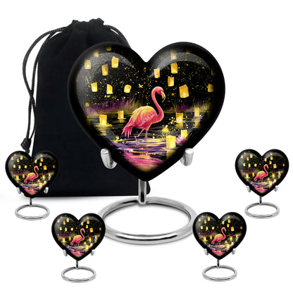 Charcoal Black Flamingo Cremation Urn close-up of engraving and surface detail - compassionate heart-flamingo combination with gentle curves - memorial set with one large and four small urns