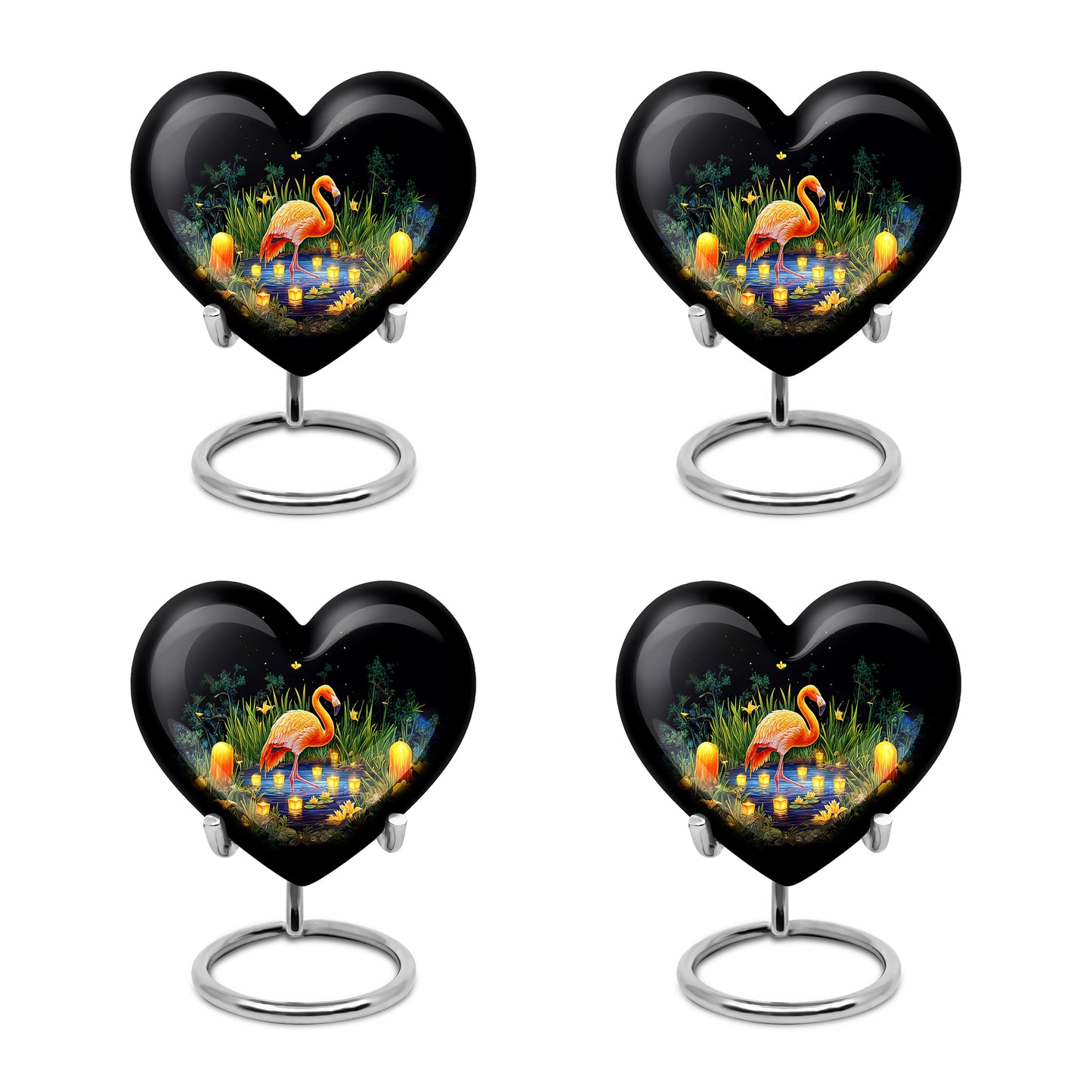 Onyx Black Flamingo Cremation Urn angled view of lid and engraved motif - romantic heart urn with flamingo motif on aluminum - 10 inch aluminum urn for cremated remains