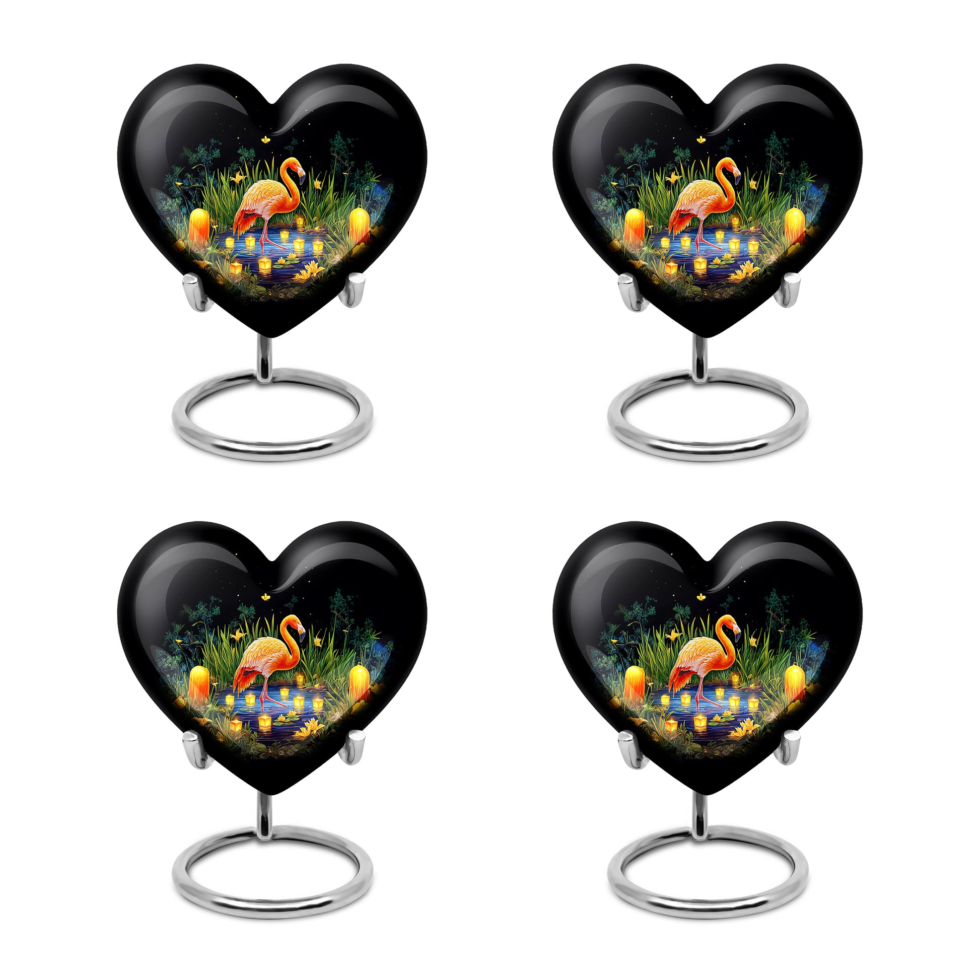 Onyx Black Flamingo Cremation Urn angled view of lid and engraved motif - romantic heart urn with flamingo motif on aluminum - 10 inch aluminum urn for cremated remains