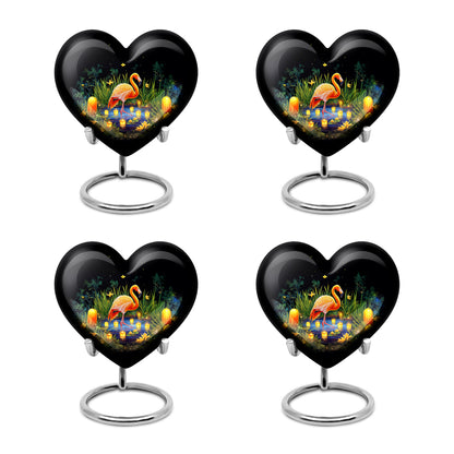 Onyx Black Flamingo Cremation Urn angled view of lid and engraved motif - romantic heart urn with flamingo motif on aluminum - 10 inch aluminum urn for cremated remains